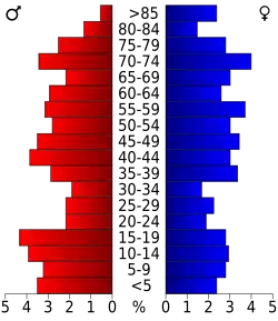 Schéma représentant la population du comté, par tranche d'âge. En rouge, à gauche, les femmes, en bleu à droite, les hommes.