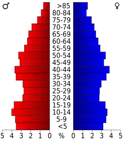 Schéma représentant la population du comté, par tranche d'âge. En rouge, à gauche, les femmes, en bleu à droite, les hommes.