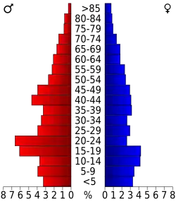 Schéma représentant la population du comté, par tranche d'âge. En rouge, à gauche, les femmes, en bleu à droite, les hommes.