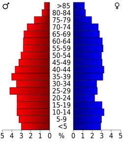 Schéma représentant la population du comté, par tranche d'âge. En rouge, à gauche, les femmes, en bleu à droite, les hommes.