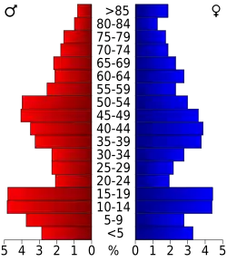 Schéma représentant la population du comté, par tranche d'âge. En rouge, à gauche, les femmes, en bleu à droite, les hommes.