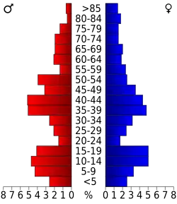 Schéma représentant la population du comté, par tranche d'âge. En rouge, à gauche, les femmes, en bleu à droite, les hommes.