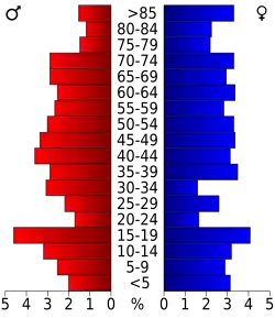 Schéma représentant la population du comté, par tranche d'âge. En rouge, à gauche, les femmes, en bleu à droite, les hommes.
