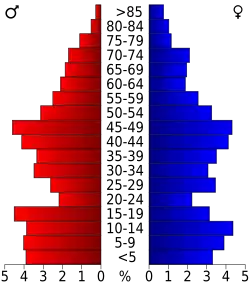 Schéma représentant la population du comté, par tranche d'âge. En rouge, à gauche, les femmes, en bleu à droite, les hommes.