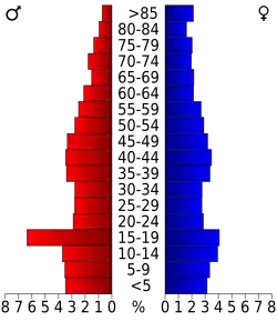 Schéma représentant la population du comté, par tranche d'âge. En rouge, à gauche, les femmes, en bleu à droite, les hommes.