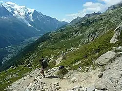 Après avoir franchi la Tête aux Vents, dernière grande difficulté, le début de la descente vers La Flégère au fond puis Chamonix plus bas.