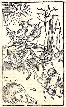 Trois sorcières sous forme d'animaux se rendant au sabbat sur une fourche après avoir causé une tempête.