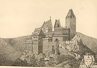 Ulrichsburg anno 1485, eau-forte originale de l'architecte alsacien Franz Scheyder (vers 1906) Source : collection privée