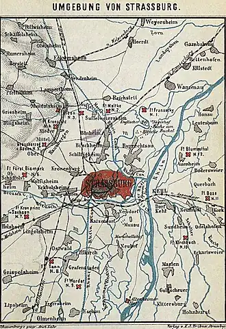 carte en langue allemande montrant la localisation des forts autour de Strasbourg