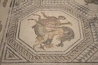 Triton et Néréide ornant un des médaillons de la mosaïque de divinités (Villa gallo-romaine d'Orbe-Boscéaz, Vaud, Suisse)