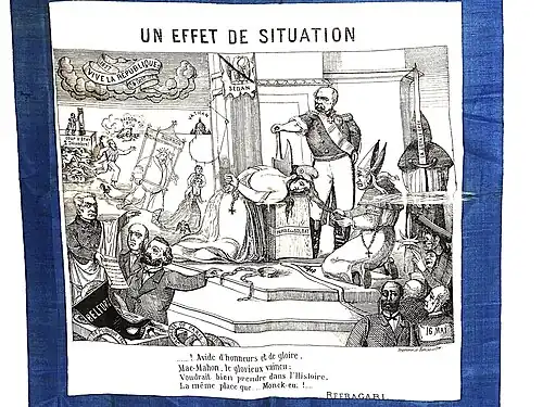 Caricature montrant une femme, la tête posée sur un billot, devant un homme moustachu en tenue militaire avec une hache à la main.