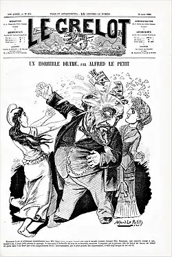 Caricature de presse montrant une femme jetant un flacon de verre sur l'œil d'un homme barbu tenant le bras d'une autre femme.