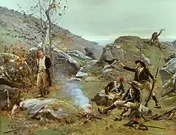 Peinture représentant sur une lande rocheuse trois chouans au pied d'un feu de camp, deux autres placés en arrière en train de faire le guet et un officier républicain attaché à un arbre.