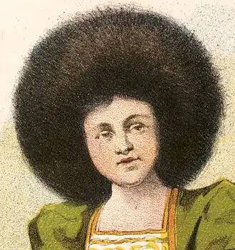 Détail d'une affiche de cirque, femme aux cheveux crépus ressemblant à Zalumma Agra.