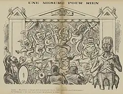 Dessin monochrome représentant un ballet joué sur scène par les membres du cabinet Rouvier habillés de tutus, tandis que le président Loubet joue le rôle du chef d'orchestre.