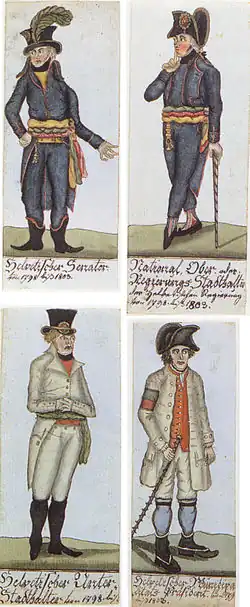 Représentation de quatre hommes portant des costumes différents.