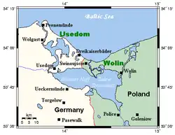 La lagune de Szczecin, (la ville de Szczecin, plus au sud, n'est pas représentée ici)