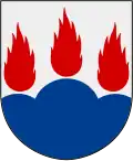 Blason de la province suédoise de Västmanland, représentant trois montagnes bleues aux sommets en feu.