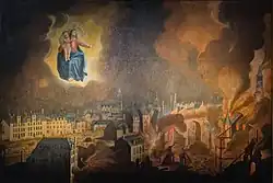 Une aquarelle peinte en 1721 comme vœu des habitants de Rennes à Notre-Dame de Bonne-Nouvelle, après l'incendie de la ville. Une Vierge à l'Enfant apparaît dans un ciel obscurci par les fumées de l'incendie qui ravage la ville et, étendant la main, protège le quartier des Lices des flammes.