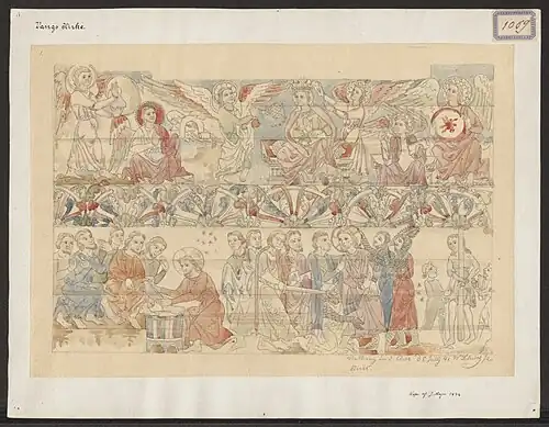 Décorations peintes dans le chœur : couronnement de Marie, le lavement des pieds et le Christ dans la cour du palais d'Hérode.