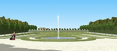 Vue depuis le bas du boulingrin sur les rampes de gazon et la terrasse du château, vers 1710