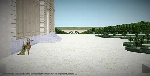 Vue depuis la terrasse supérieure de Villeneuve, avec le jeu visuel de la demi-lune et de la grille, vers 1710