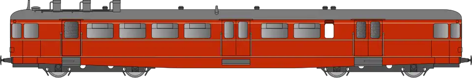 Autorail en livrée rouge avec trois liserés jaune clair.