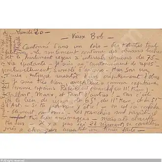 Une carte postale de Jacques Vaché depuis la guerre à son ami « Vieux Bob ». Avant 1918.