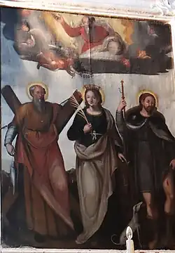 Sainte Catherine d'Alexandrie entre saint André et saint Roch sous un Père éternel bénissant, de Giovanni Rocca (mort vers 1654)