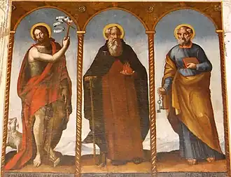 Tableau de la fin du XVIe siècle représentant, à gauche, saint Jean-Baptiste, au centre, saint Antoine, à droite, saint Pierre