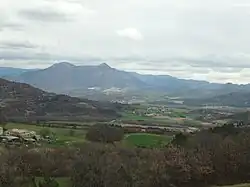 Vallée des Duyes, torrent qui traverse la commune de Mirabeau. Elle est verdoyante au mois d'avril. Au fond, le sommet du Cousson, qui est un point de repère autour de Digne