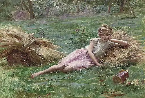 Jeune fille étendue sur l'herbe, huile sur toile, non datée.