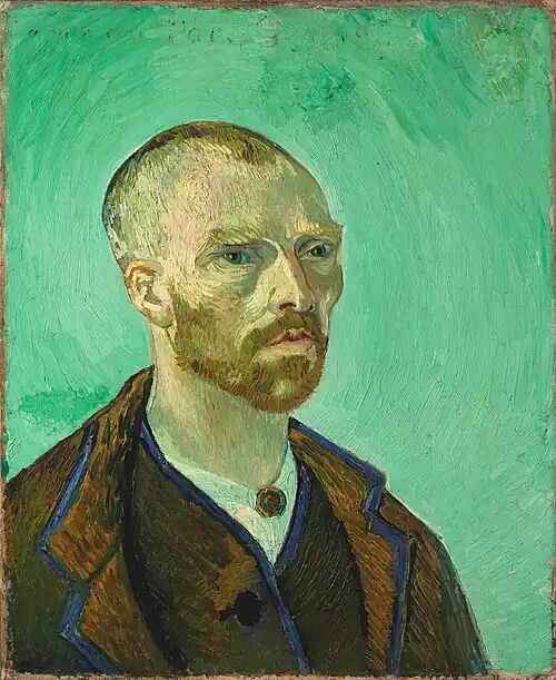 auto portrait de Vincent Van Gogh réalisé en 1888 pour son ami Gauguin. Son visage ce détache sur un ton verts émeraude réalisé avec le pigment à l'arsenic.