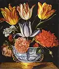 Juan van der Hamen y León (?), Bouquet de tulipes, de roses et de coquelicots, 29,5 × 25,8 cm, huile sur cuivre, collection privée à New York.