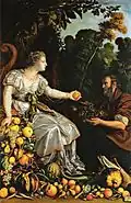 Juan van der Hamen y León, Pomone et Vertumne, 229&nbsp;×&nbsp;149&nbsp;cm, huile sur toile, 1626, Banco de España à Madrid