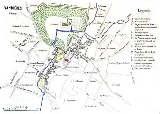 Une vue du château au sein du village, carte du XIXe&nbsp;siècle.
