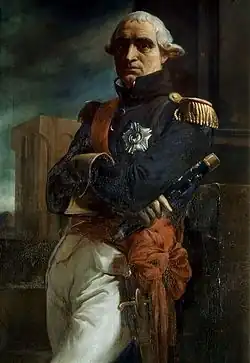 Portrait à mi-cuisse d'un maréchal de Napoléon, les cheveux poudrés à l'ancienne mode, revêtu d'un uniforme arborant des épaulettes à franges, ses décorations et une écharpe rouge, le corps et le visage tourné de trois-quarts vers la gauche, les bras croisés, tenant dans la main droite son bâton de maréchal. Derrière lui, en arrière-plan, des ruines antiques.