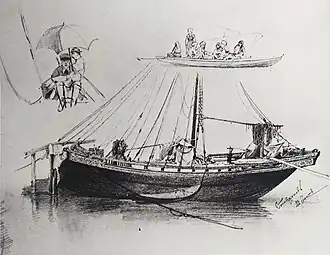 Barque et canot à l'amarrage. 1870.