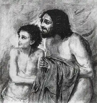 Couple, dénudé, regardant vers la gauche avec adoration.