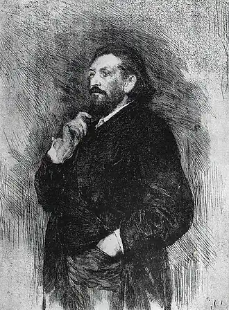 Portrait d'homme, debout, de trois quart, regardant vers la gauche.