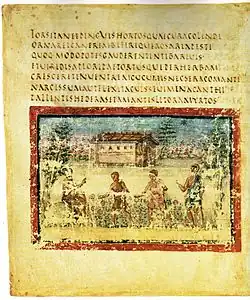 Vieux feuillet avec 7 lignes de texte et une illustration en bas avec des gens au 1er plan et une bâtisse en fond.