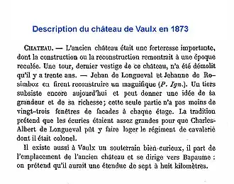 Description du château de Vaulx en 1874.