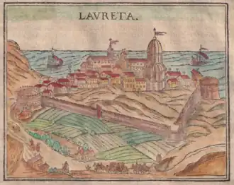 Vue générale de Lorette, xylogravure de la Cosmographia Universalis de Sebastian Münster, 1614.