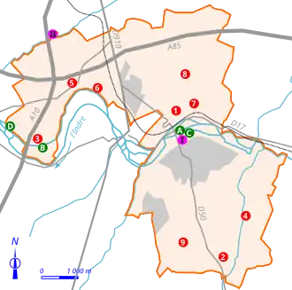 Carte montrant par des repères de couleurs l'emplacement de lieux remarquables d'un territoire.
