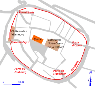 Plan sommaire du centre historique de la ville de Vence avec un trait rouge circulaire qui représente les remparts.