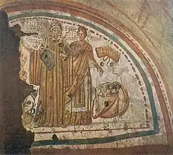 Fresque des catacombes de Domitilla représentant la défunte Veneranda conduite au ciel par Pétronille.