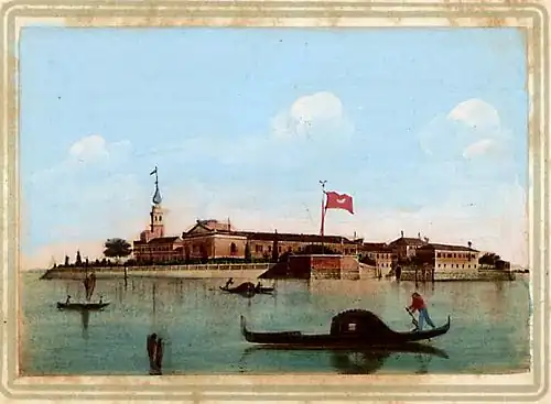 Peinture d'une île montrant de nombreux bâtiments en brique rouge surmontés d'un clocher à bulbe et du drapeau rouge de Venise. Au premier plan passent des gondoles.