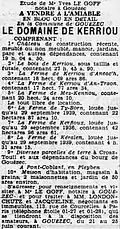 La mise en vente du château de Kerriou et de ses dépendances en 1935