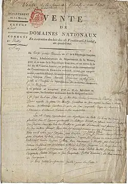 Photo de la première page d'un acte de vente d'édifice religieux comme bien national.