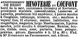 Annonce de la vente de la minoterie du Couffont (Couffon), située sur le Quillimadec, à la limite des communes de Guissény et Kerlouan (Le Figaro du 21 juin 1878).